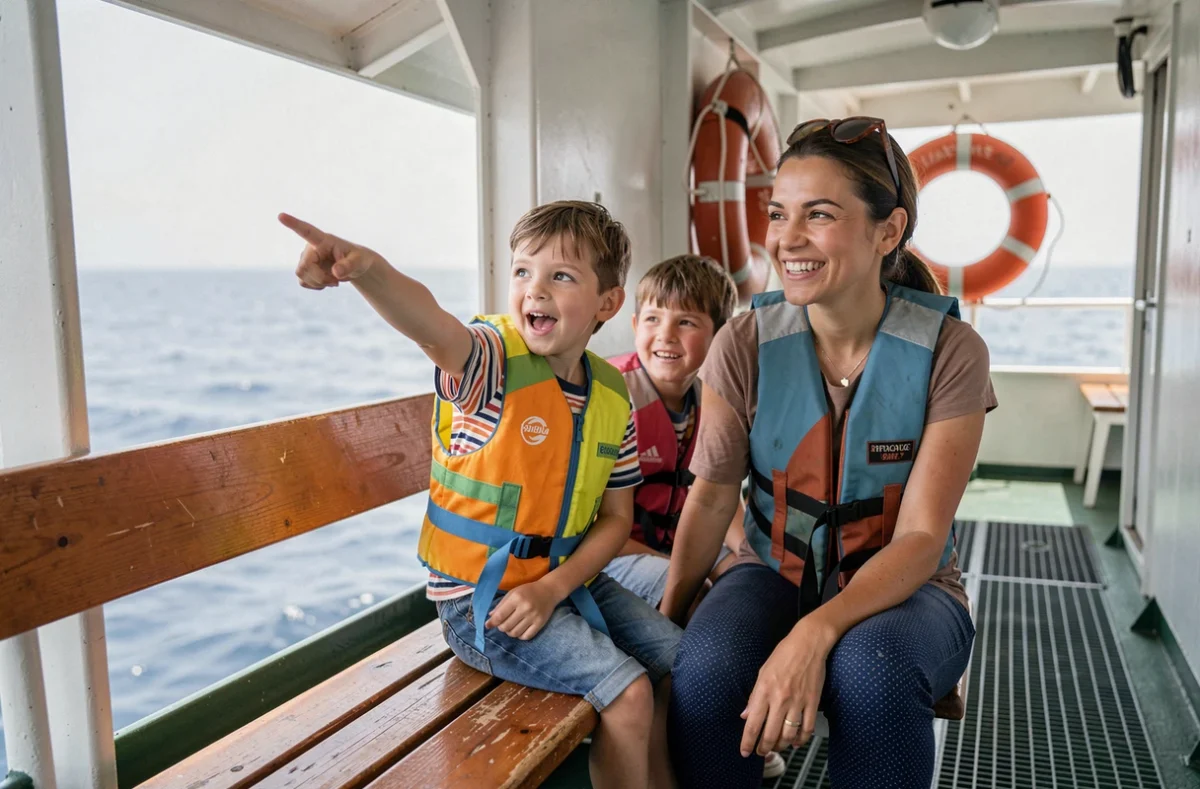 Enfants portant des gilets de sauvetage sur le pont d'un bateau naviguant vers Porquerolles avec leur mère