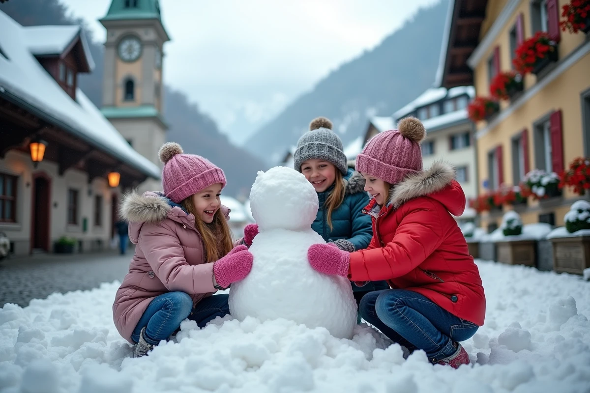 Enfants jouant dans la neige &agrave; Hallstatt en hiver