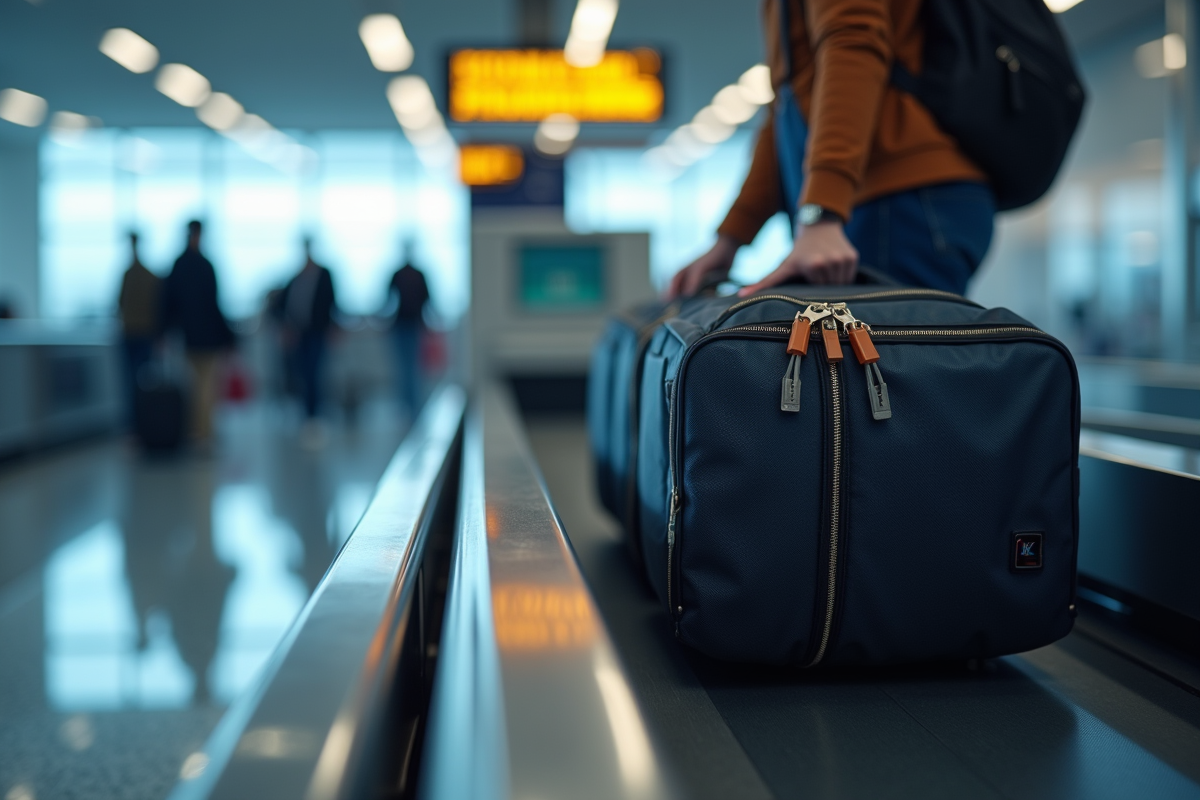 Voyageur déposant une valise sur le tapis de l