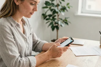 Femme tapant un numéro de téléphone italien avec l'indicatif 39 sur son smartphone au bureau