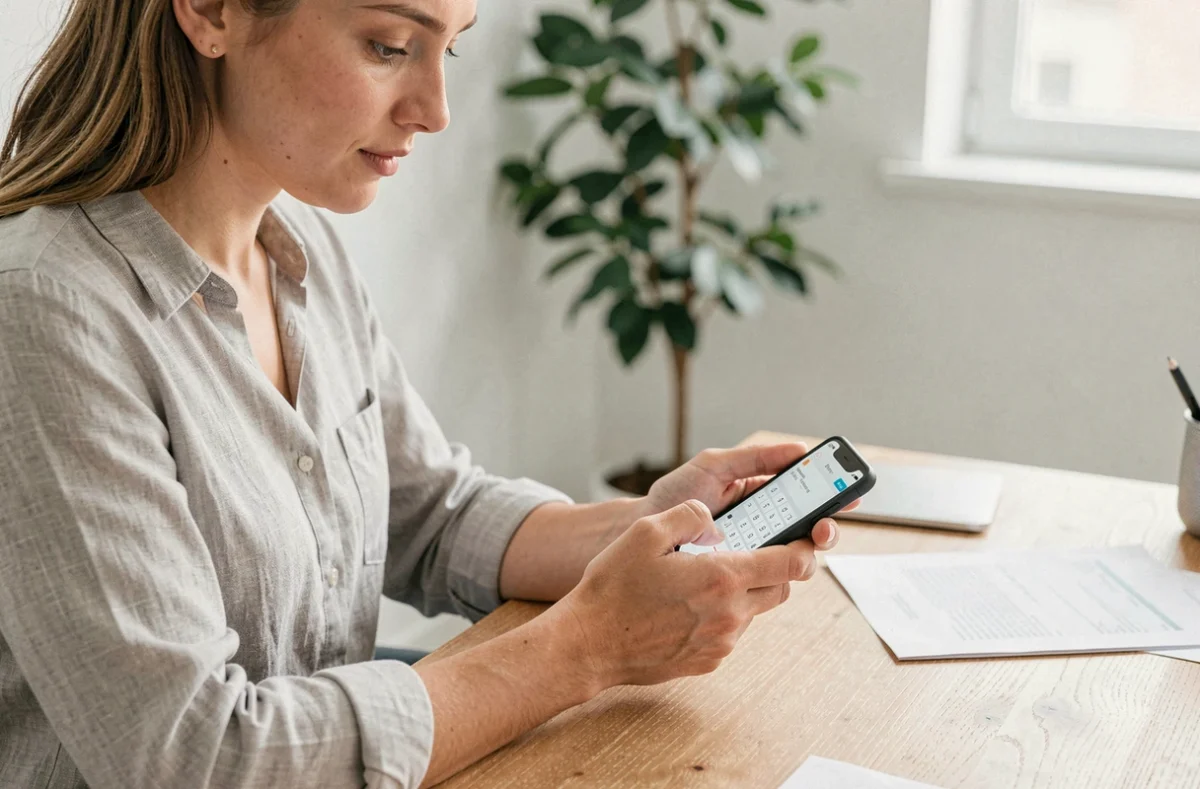 Femme tapant un numéro de téléphone italien avec l'indicatif 39 sur son smartphone au bureau