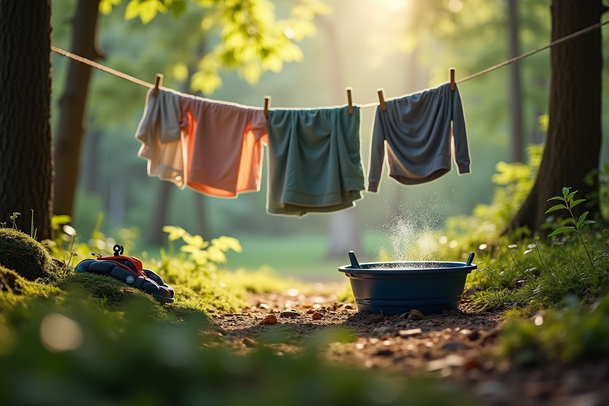 Équipement de camping avec linge lavé suspendu dans la forêt