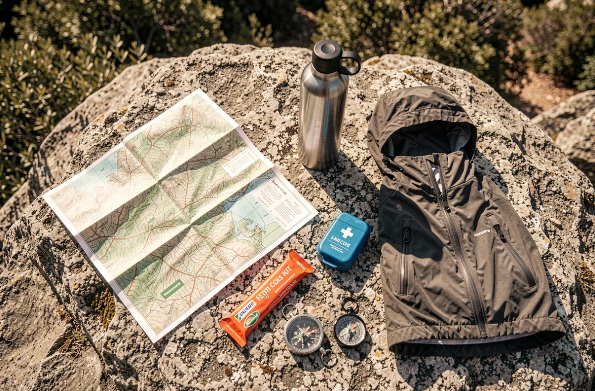 Équipements essentiels à emporter pour la randonnée de Capu di Muru disposés sur un rocher de granit en Corse