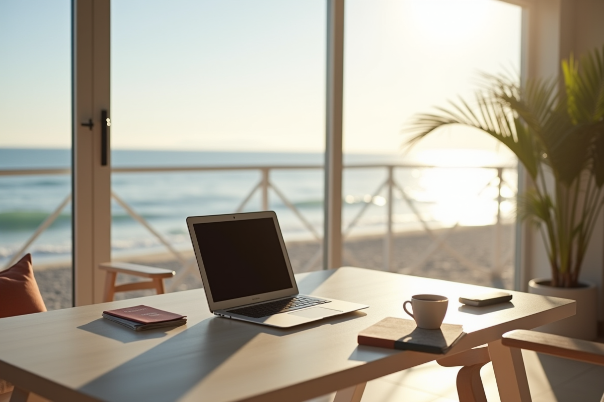 Espace de travail calme face à la plage avec ordinateur et café en matinée