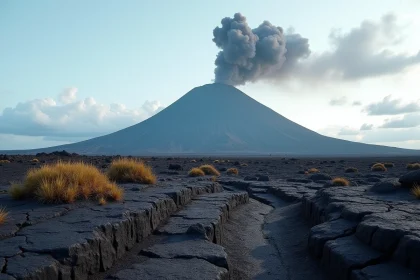 Vue panoramique de l'Etna en Sicile avec une colonne de fumée s'échappant du cratère sur un champ de lave noire