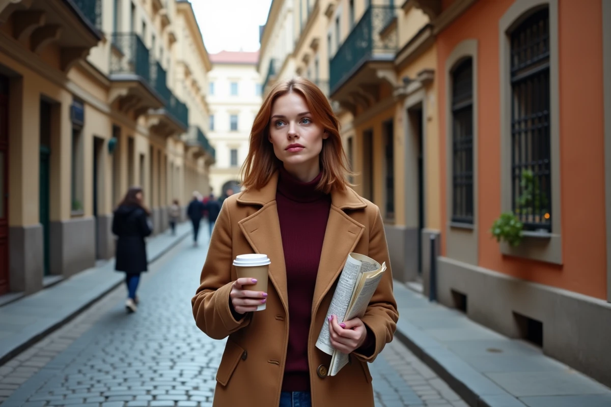 Femme explorant seule une ruelle historique du quartier Josefov à Prague avec une carte