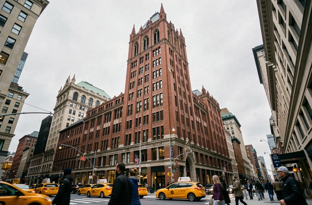 Façade extérieure du Woolworth Building vue depuis la rue à Manhattan avec ses ornements néo-gothiques en terre cuite s'élevant vers le ciel