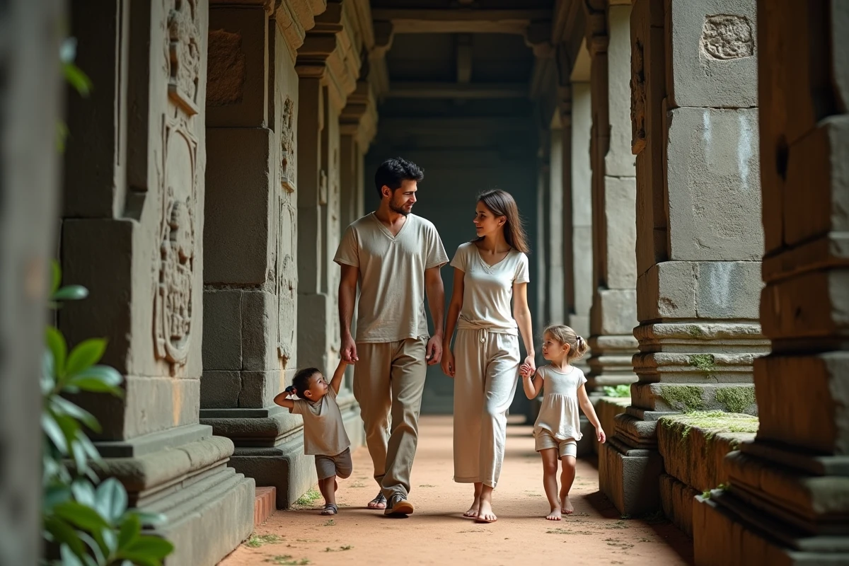 Famille en visite à Angkor Wat au Cambodge, explorant les couloirs de temple en pierres sculptées avec leurs enfants