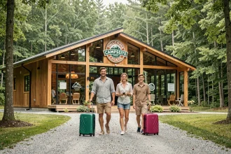 Famille arrivant à la réception d'un grand camping de chaîne avec leurs bagages en été