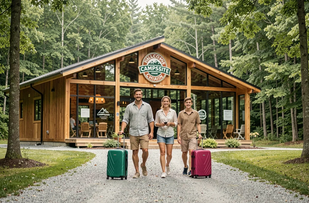 Famille arrivant à la réception d'un grand camping de chaîne avec leurs bagages en été