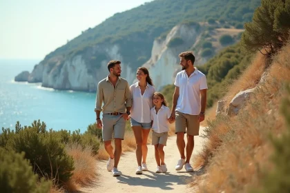 Famille se promenant sur un sentier côtier des calanques de Cassis avec vue sur la mer turquoise
