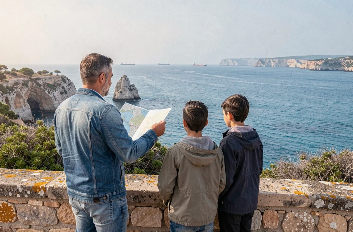Père et enfants observant le détroit de Gibraltar depuis Cap Spartel au Maroc avec une carte touristique dépliée
