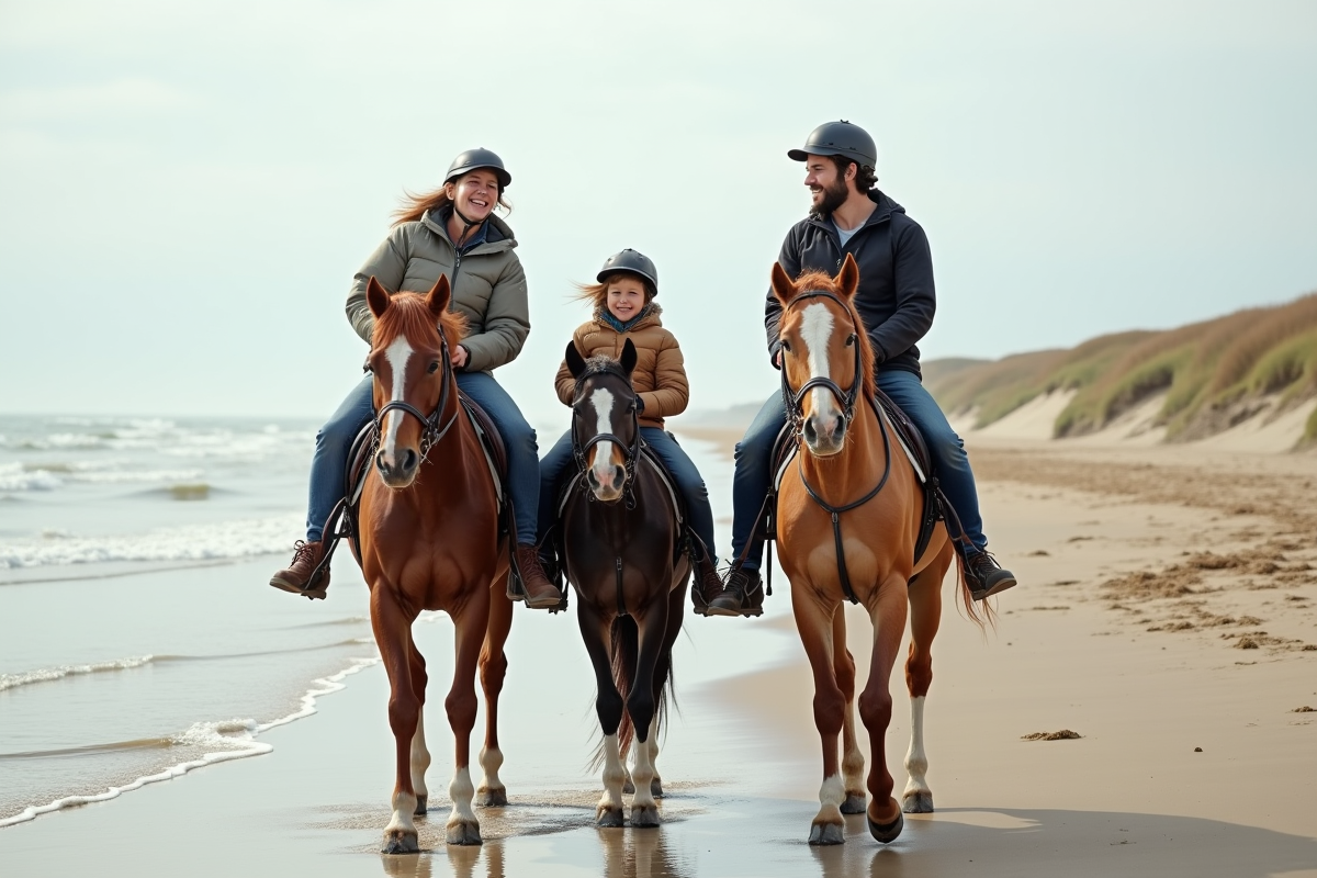 Famille à cheval sur la plage au lever du jour
