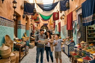 Famille explorant la médina d'une ville du nord du Maroc avec une carte, entourée d'artisanat coloré et d'une ruelle pavée typique