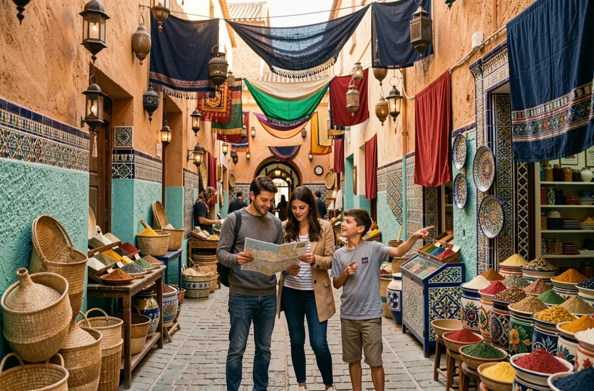 Famille explorant la médina d'une ville du nord du Maroc avec une carte, entourée d'artisanat coloré et d'une ruelle pavée typique