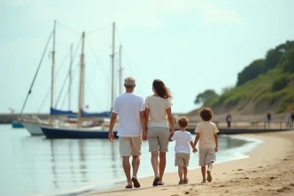 Famille se promenant sur la plage de Conleau à Vannes avec des bateaux amarrés en arrière-plan