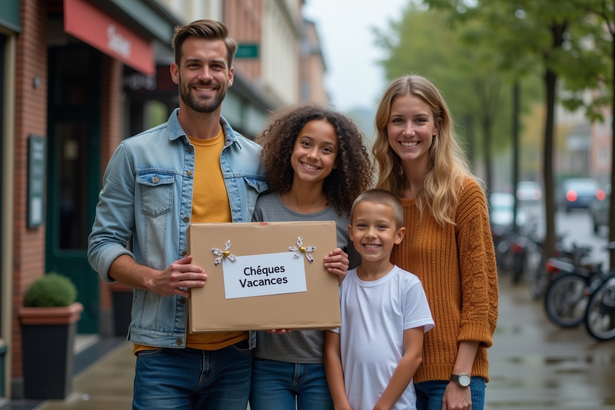 Famille française dehors avec dossier de chèques vacances sous la pluie