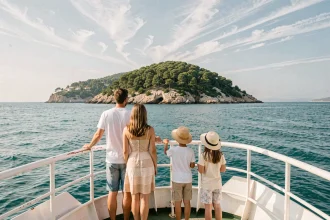 Famille avec enfants à bord d'un ferry en route vers l'île de Porquerolles, vue depuis la proue du bateau