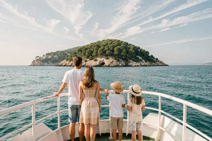 Famille avec enfants à bord d'un ferry en route vers l'île de Porquerolles, vue depuis la proue du bateau