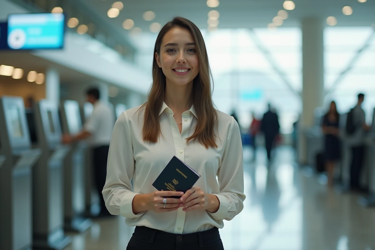 Jeune femme à l'aéroport avec passeport et documents
