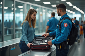 Jeune femme à la sécurité de l'aéroport avec valise ouverte