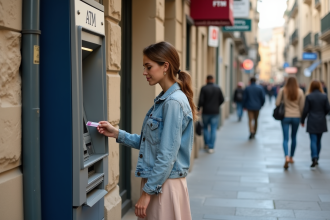 Jeune femme utilisant un distributeur automatique en ville