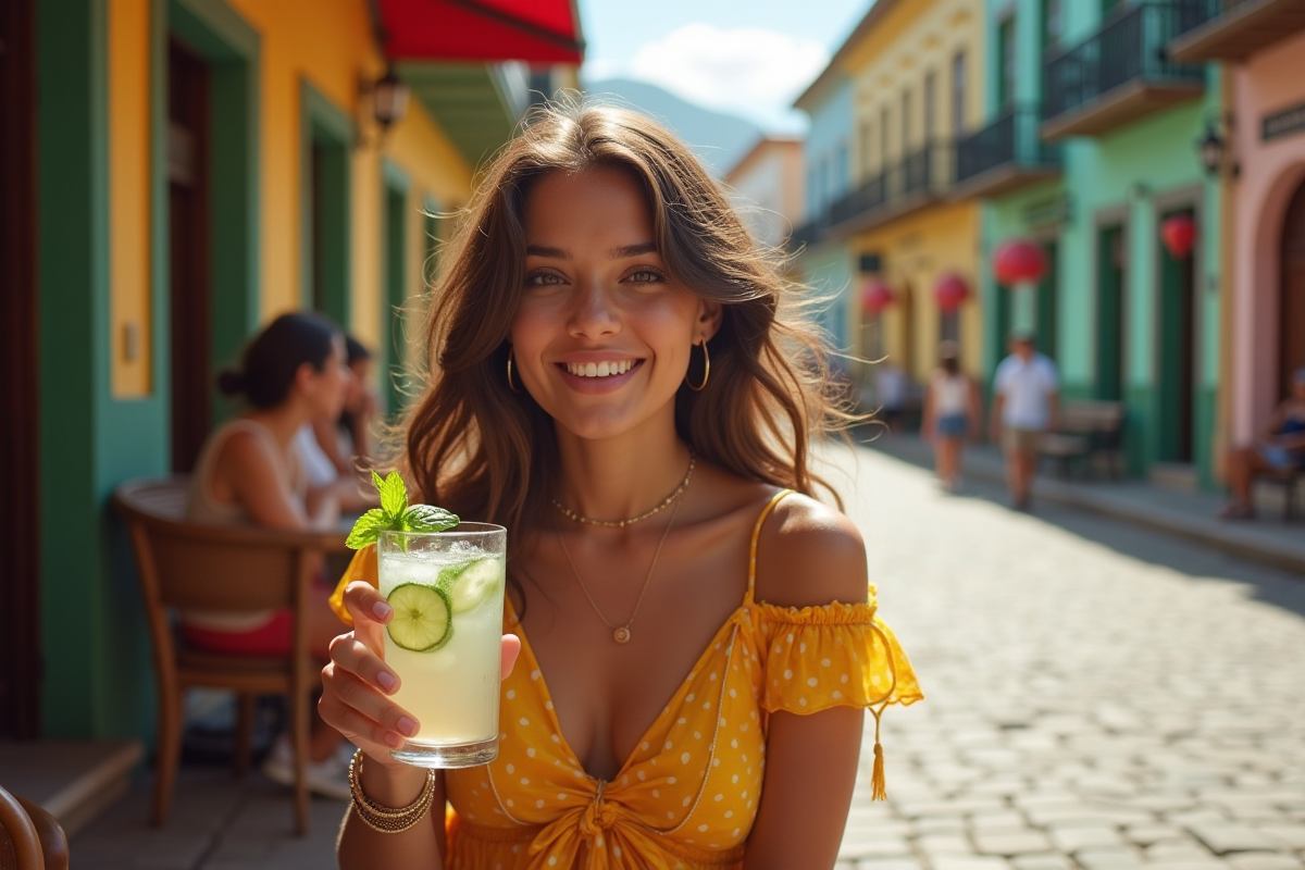Jeune femme brésilienne dégustant une caipirinha en ville