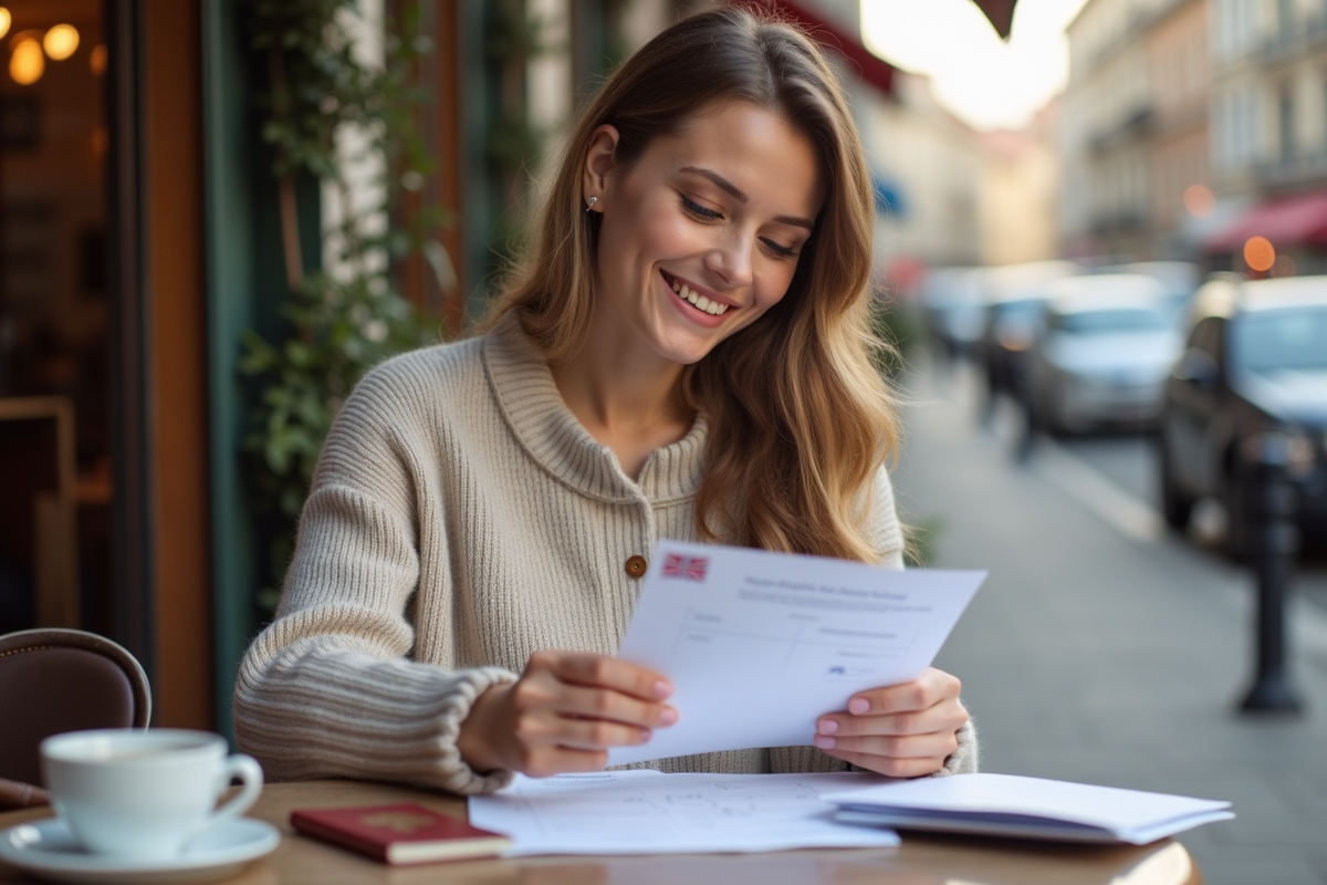 Jeune femme souriante avec documents de voyage et assurance