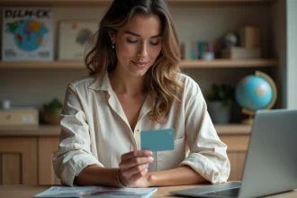 Femme examinant une carte cadeau voyage Selectour à son bureau avec des magazines de voyage en arrière-plan