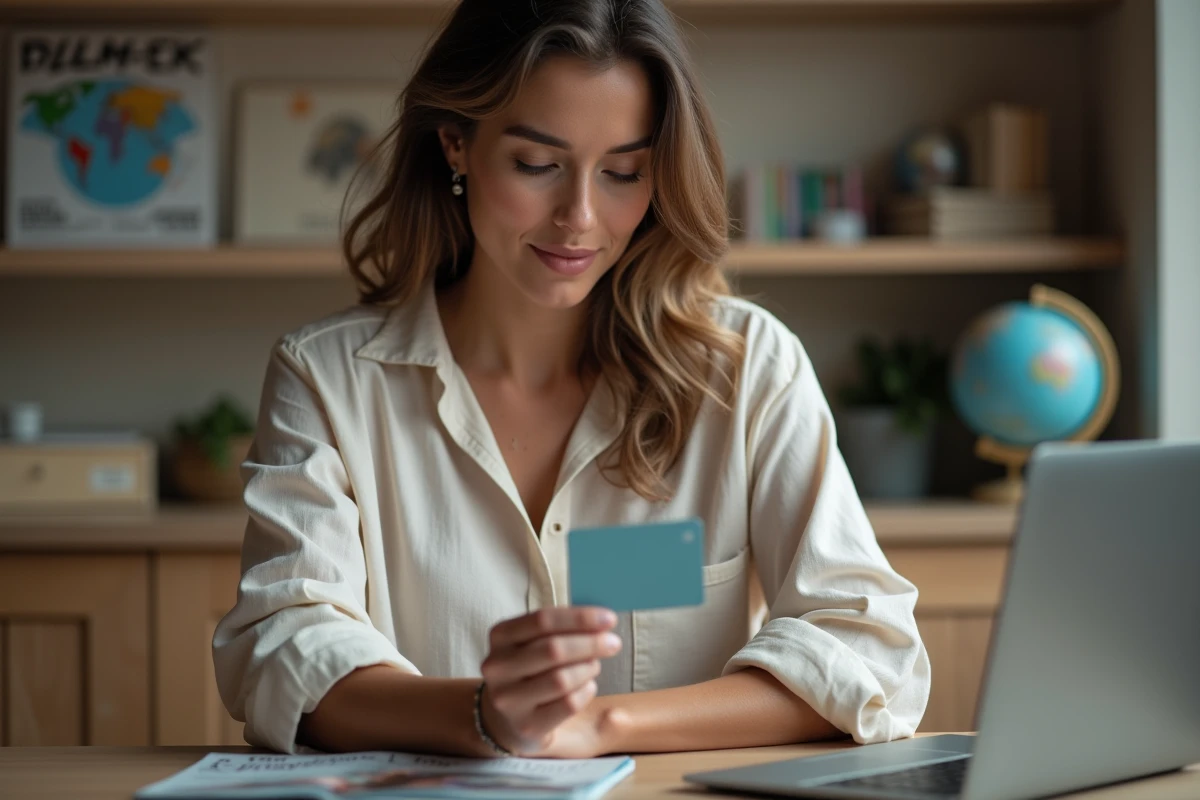 Femme examinant une carte cadeau voyage Selectour à son bureau avec des magazines de voyage en arrière-plan