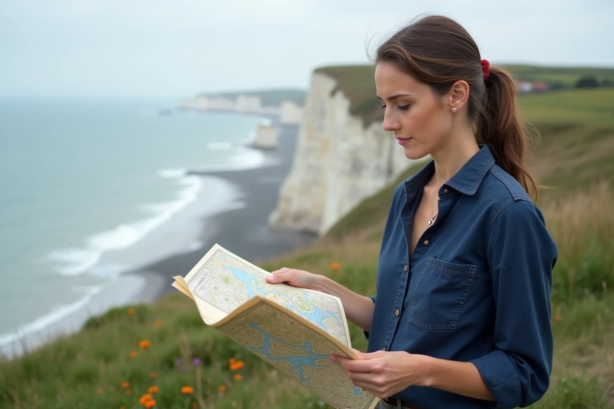 Femme consultant une carte topographique de la Normandie debout sur les falaises d'albâtre en bord de mer
