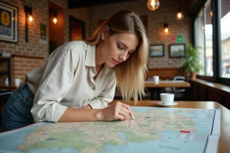 Femme étudiant une carte routière détaillée de l'Allemagne dans un café rustique pour planifier son road trip