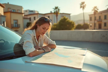 Femme consultant une carte routière de la Sicile appuyée sur une voiture de location à Palerme