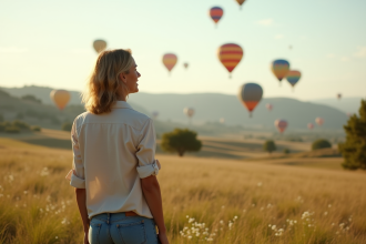 Femme regardant des ballons colorés dans un champ
