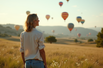 Femme regardant des ballons colorés dans un champ