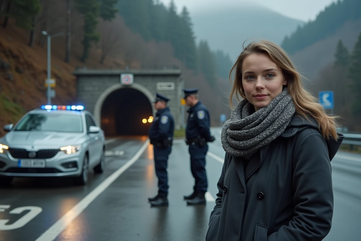 Jeune femme discutant avec la police pr&egrave;s d un tunnel