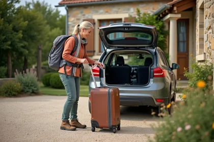 Femme en randonn&eacute;e d&eacute;chargeant une valise devant un g&icirc;te