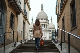 Femme en imperméable beige admirant le Sacré-Cœur depuis les escaliers de Montmartre à Paris