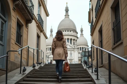 Femme en imperméable beige admirant le Sacré-Cœur depuis les escaliers de Montmartre à Paris