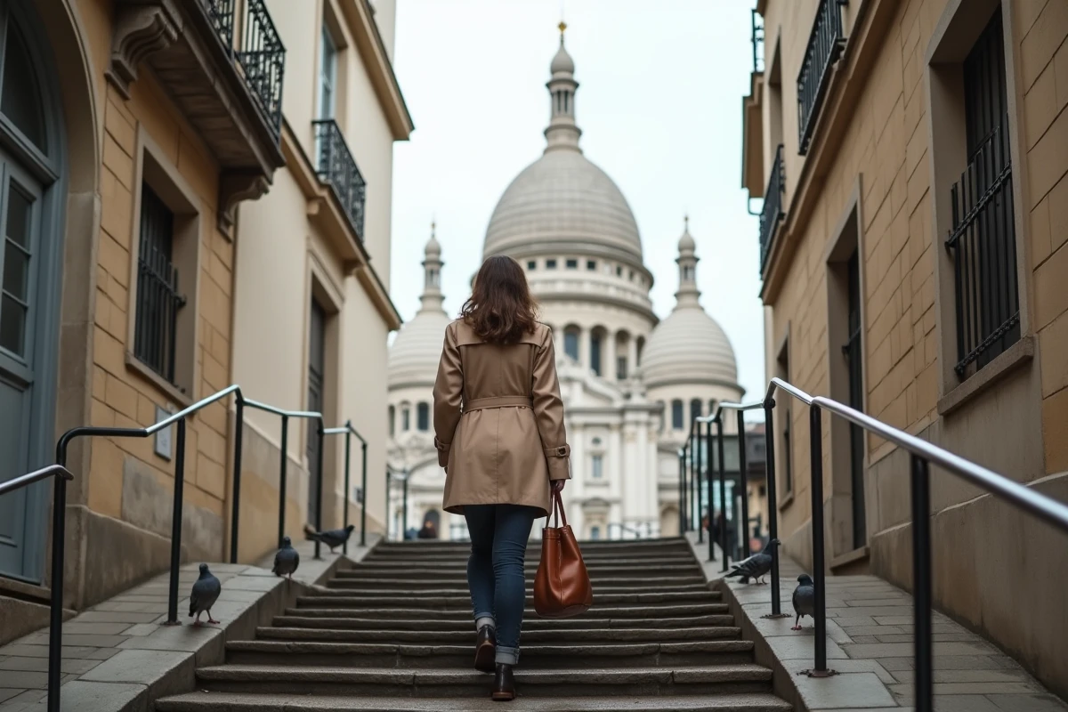 Femme en imperméable beige admirant le Sacré-Cœur depuis les escaliers de Montmartre à Paris