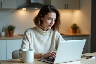 Femme étudiante dans une cuisine moderne avec ordinateur portable
