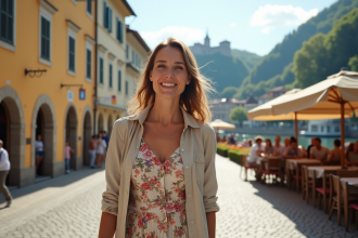 Femme souriante dans la vieille ville de Ljubljana