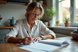 Femme française remplissant un formulaire de vacances à la maison