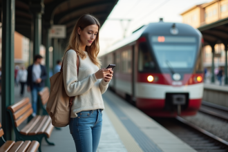 Jeune femme à la gare italienne vérifiant son billet