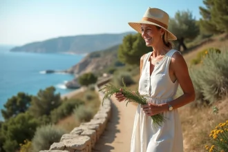 Femme grecque souriante cueillant des herbes sauvages en Crète
