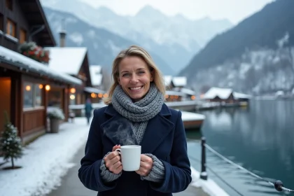 Femme souriante avec mug chaud à Hallstatt en hiver