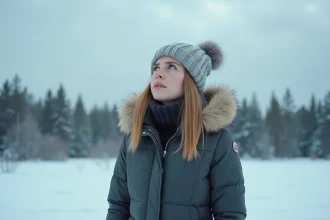 Jeune femme en Laponie hivernale contemplant le ciel neigeux
