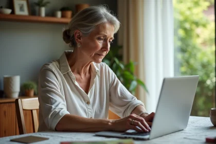 Femme d'&acirc;ge moyen recherchant des vacances sur un laptop