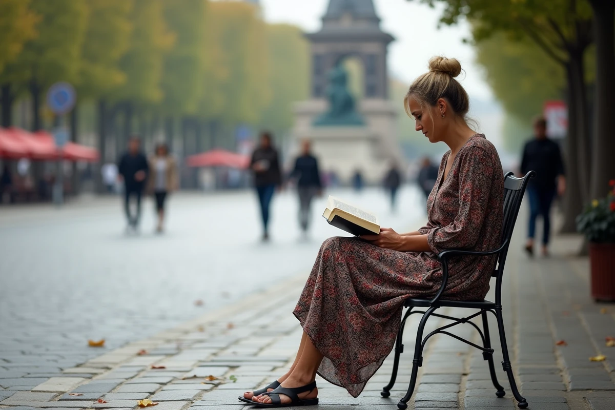 Femme lisant un livre sur une terrasse à la Place de la Republique