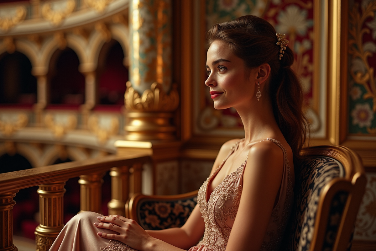 Jeune femme en robe de soirée dans loge d